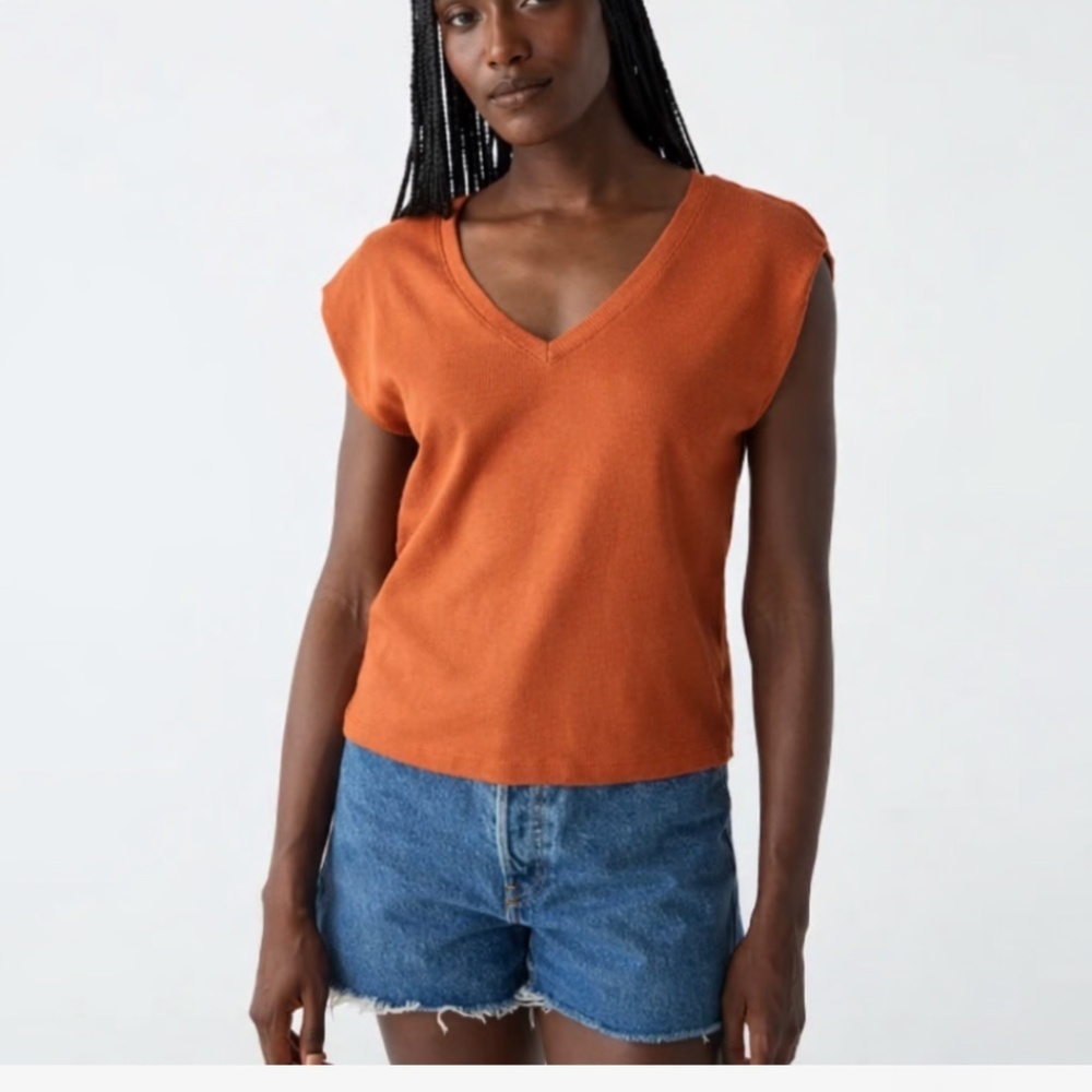 Michael Stars Tati Power Shoulder Cap Sleeve Ribbed Top In Toffee Size Small